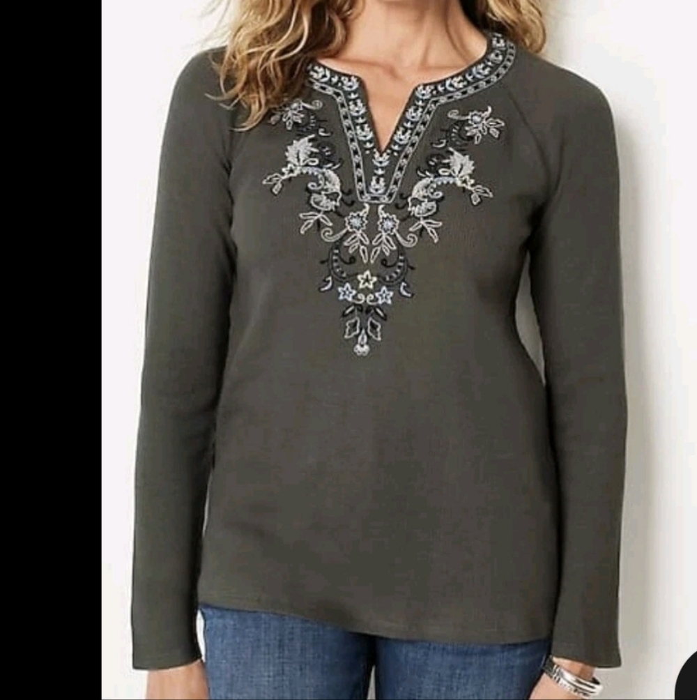 J. Jill Olive Green Long-Sleeve Tee with Embroidered Yoke